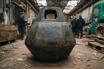 Historic well-preserved stone anchor in an industrial warehouse with workers in the background engaging in various activities