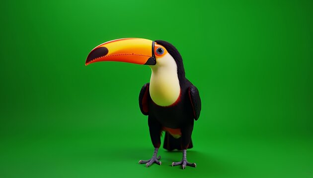 Vibrant Toucan Bird with Orange Beak Stands Isolated by Green Screen in Studio Shot