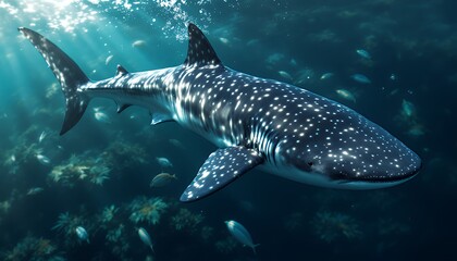Naklejka premium Whale Shark Glides Through Sunlit Ocean Waters with Graceful Motion