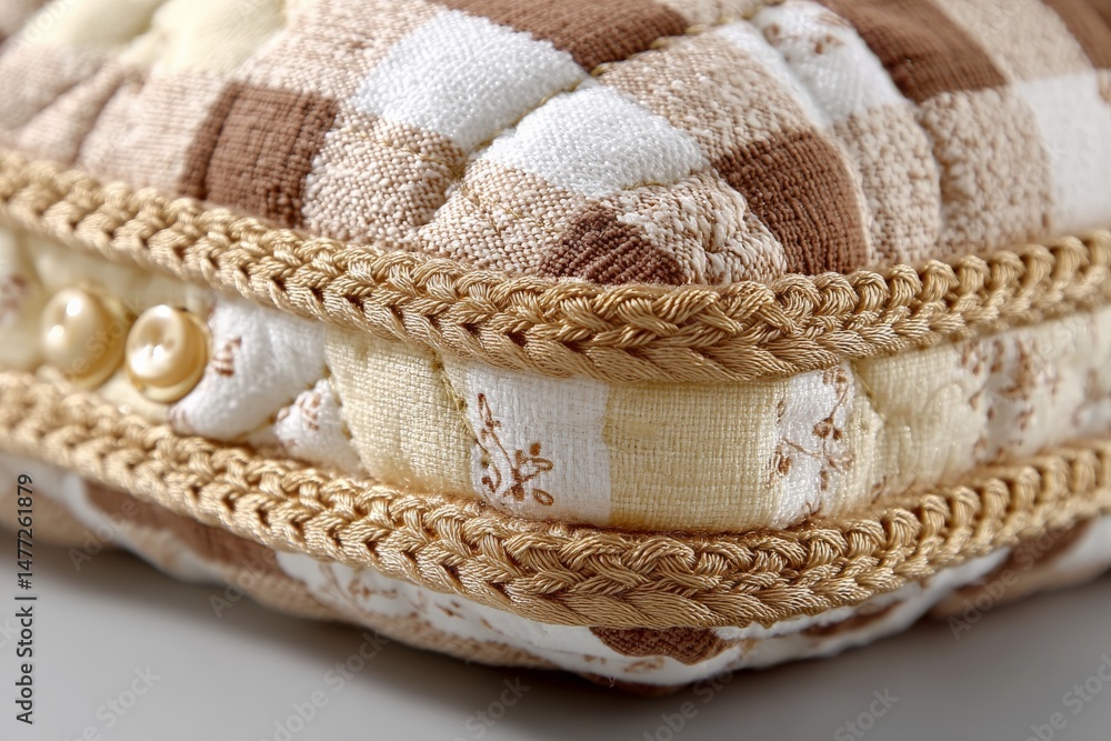 Aufkleber decorative patchwork cushion featuring textured fabrics and elegant trim in warm neutral tones