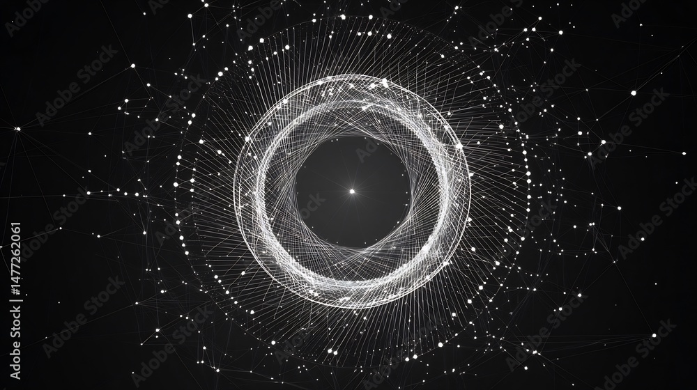 Poster abstract white concentric circles with connecting dots against a dark backdrop