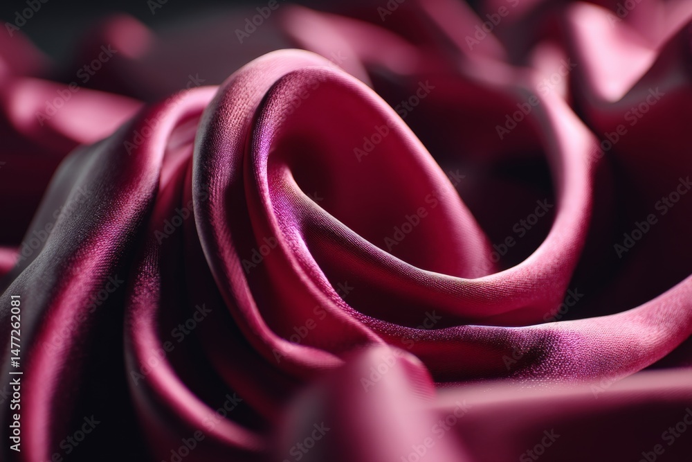 Poster rich crimson silk fabric elegantly draped to showcase intricate folds and texture in soft lighting