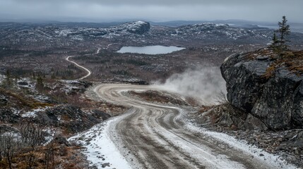 Winding Mountain Road in Snowy Landscape