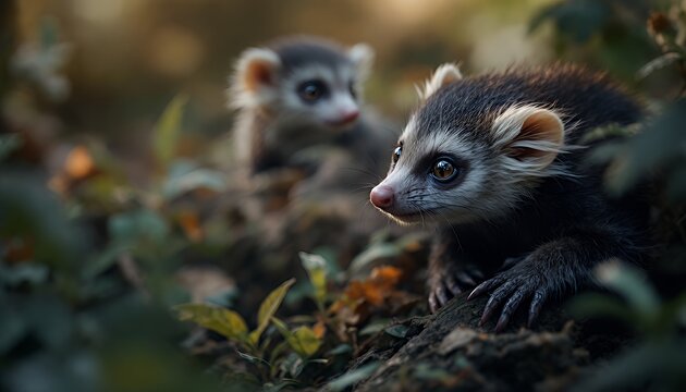 Adorable Kinkajous Amidst Lush Greenery Candid Wildlife Portrait