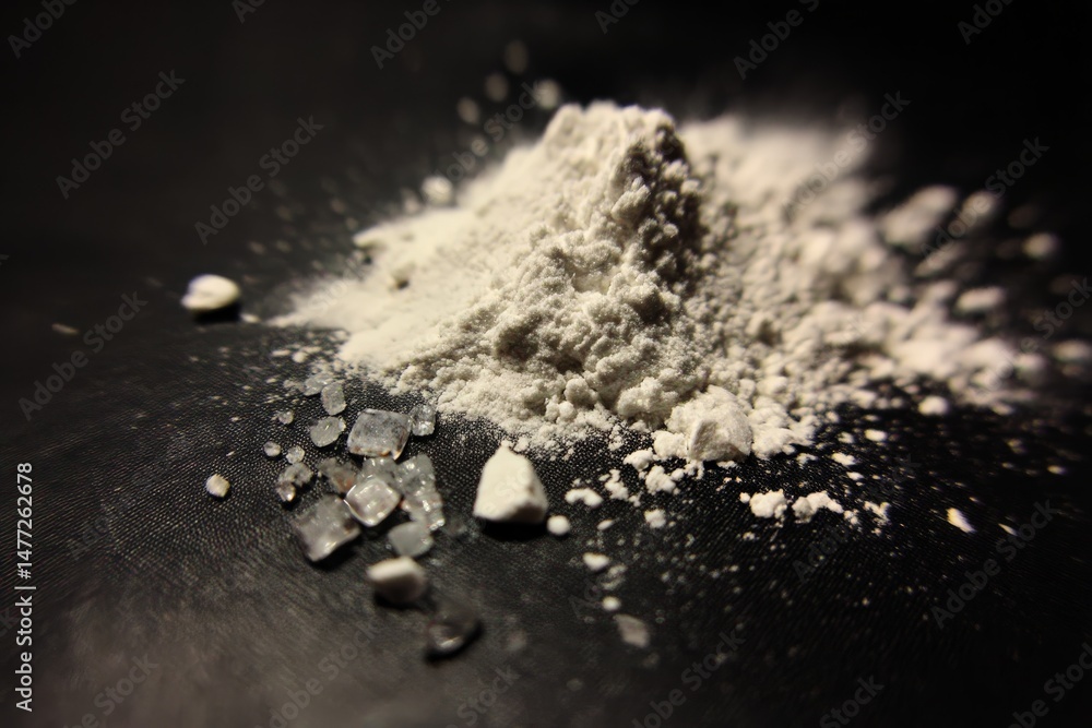 Poster white powder and crystals arranged on a dark surface under soft lighting in a close-up view