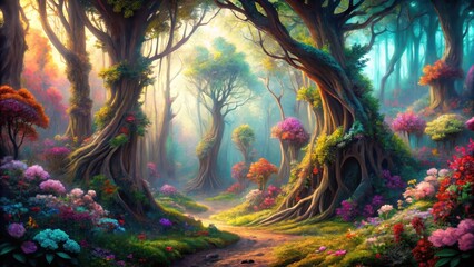Obraz premium A mesmerizing explosion of colors and textures in a dreamlike forest scene, with iridescent flowers blooming amidst ancient, gnarled trunks and twisted vines , trees, psychedelic