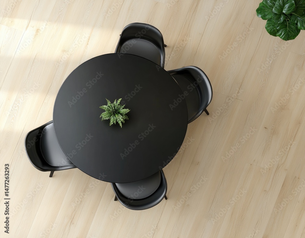 Poster a modern round table surrounded by sleek black chairs in a bright. minimalist room. with sunlight st