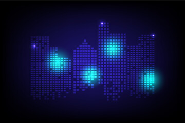 Abstract cityscape made of glowing blue pixels on a dark background, resembling a futuristic digital skyline