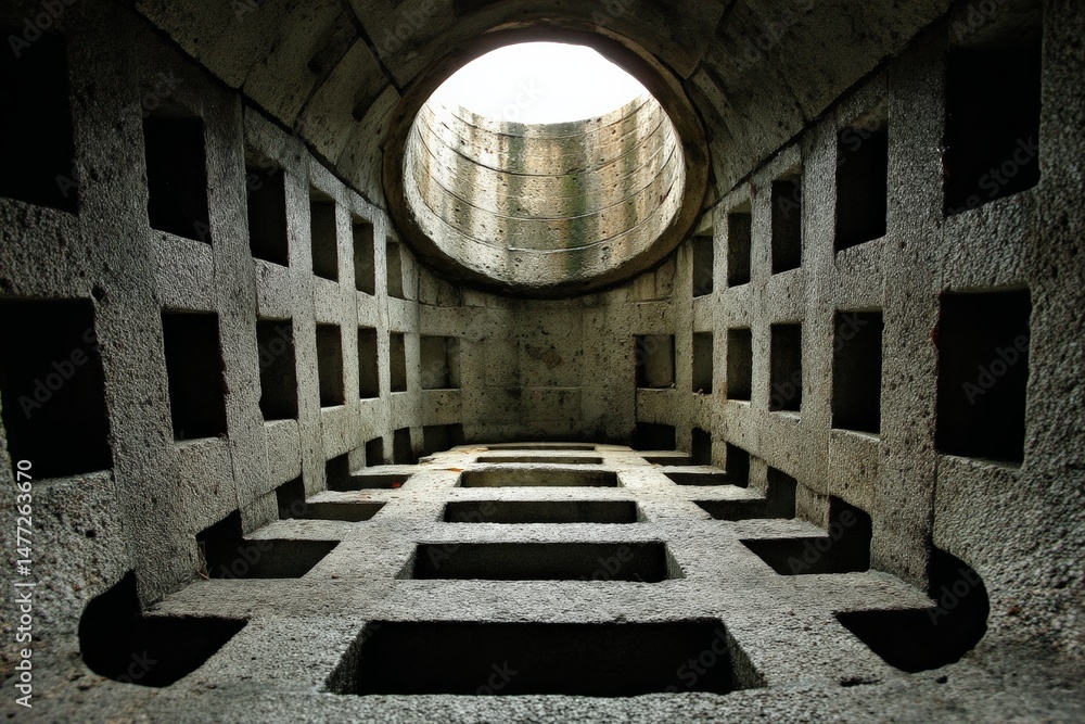 Poster Unique underground structure displays intricate geometric patterns and natural light filtering from above
