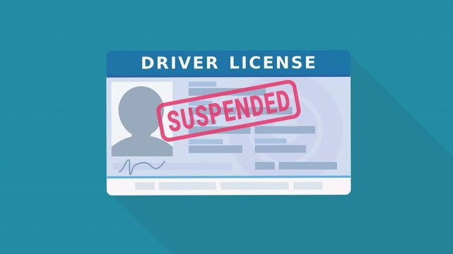 Animation of a hand presenting a Driving license suspended in the middle of the screen on blue background with long shadow (flat design)