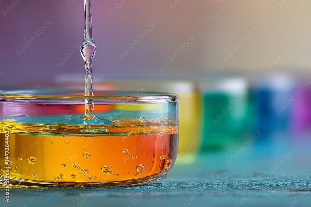 Poster colorful liquid drop splashes into a glass bowl creating ripples during an experimental activity in 