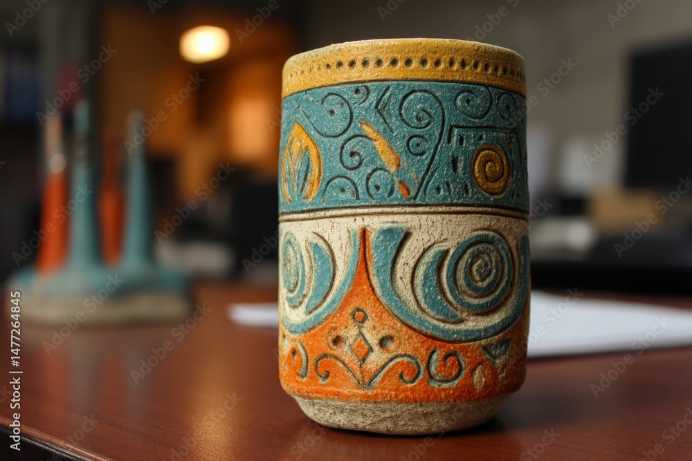 Poster colorful handcrafted pottery cup on a desk in an artistic studio setting during daylight hours