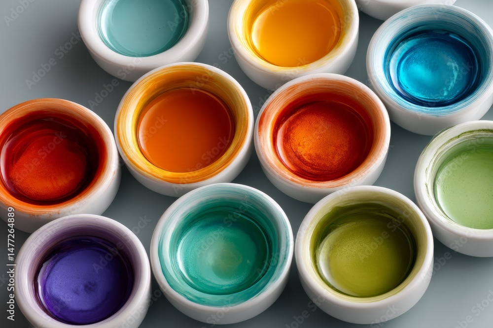 Aufkleber vibrant collection of colorful paints arranged in small bowls on a light surface for creative art pr