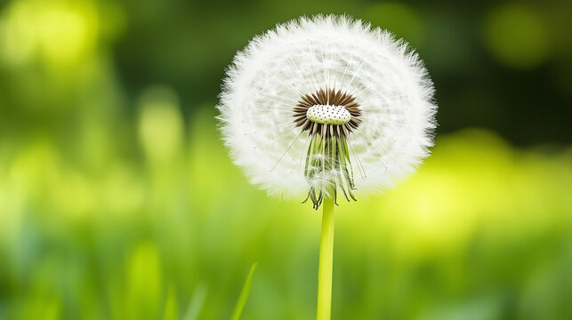 Close-up of white dandelion seed head with soft focus background, nature macro photo, minimal floral detail, ai generated - Powered by Adobe