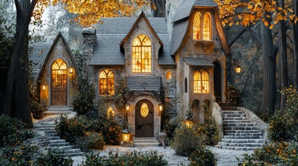 Fairytale village nestled in autumn woods, miniature houses with lantern-lit windows