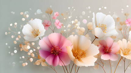 Beautiful floral illustration featuring delicate pink and white flowers with soft pastel tones, creating a serene and elegant atmosphere for design purposes. Selective focus
