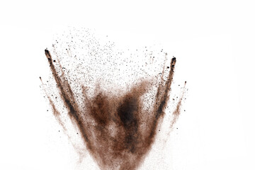 abstract brown powder splatted background,Freeze motion of color powder exploding and throwing color powder, color texture on white background