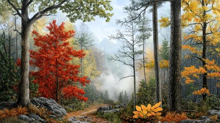 Fall scene in the Smoky Mountains, yellow and red leaves glowing through morning haze