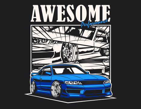 vector artwork illustration with car and background text
