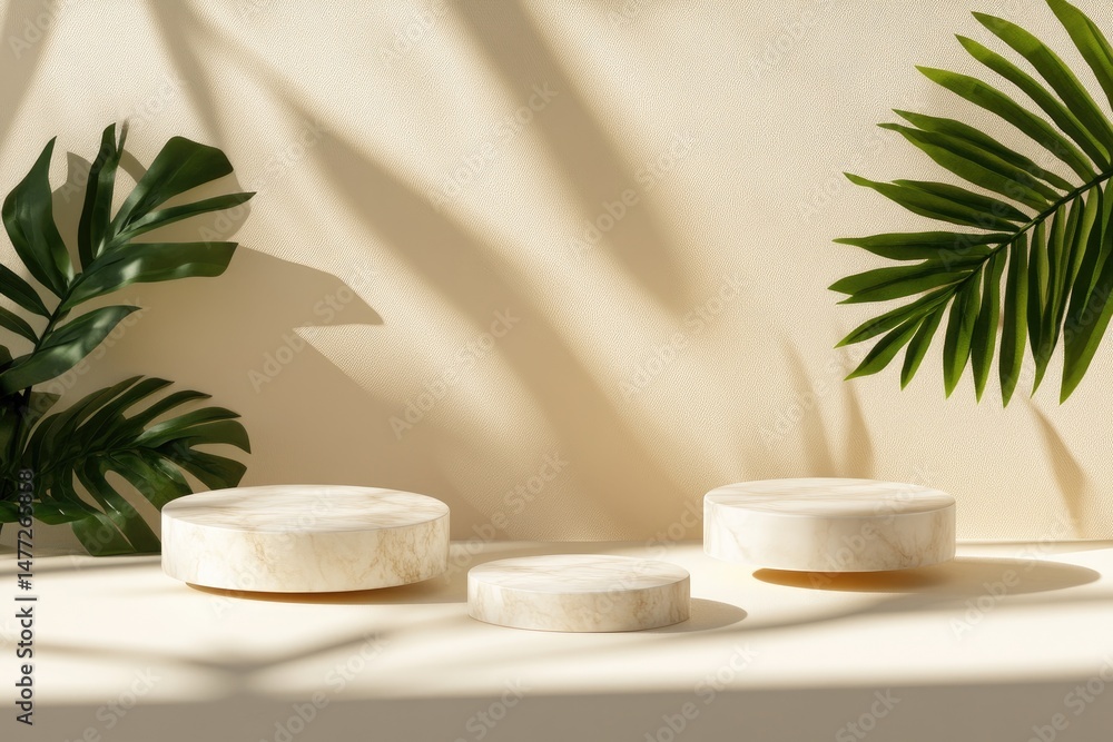 Poster a serene interior scene featuring two marble-like circular objects on a smooth surface. surrounded b