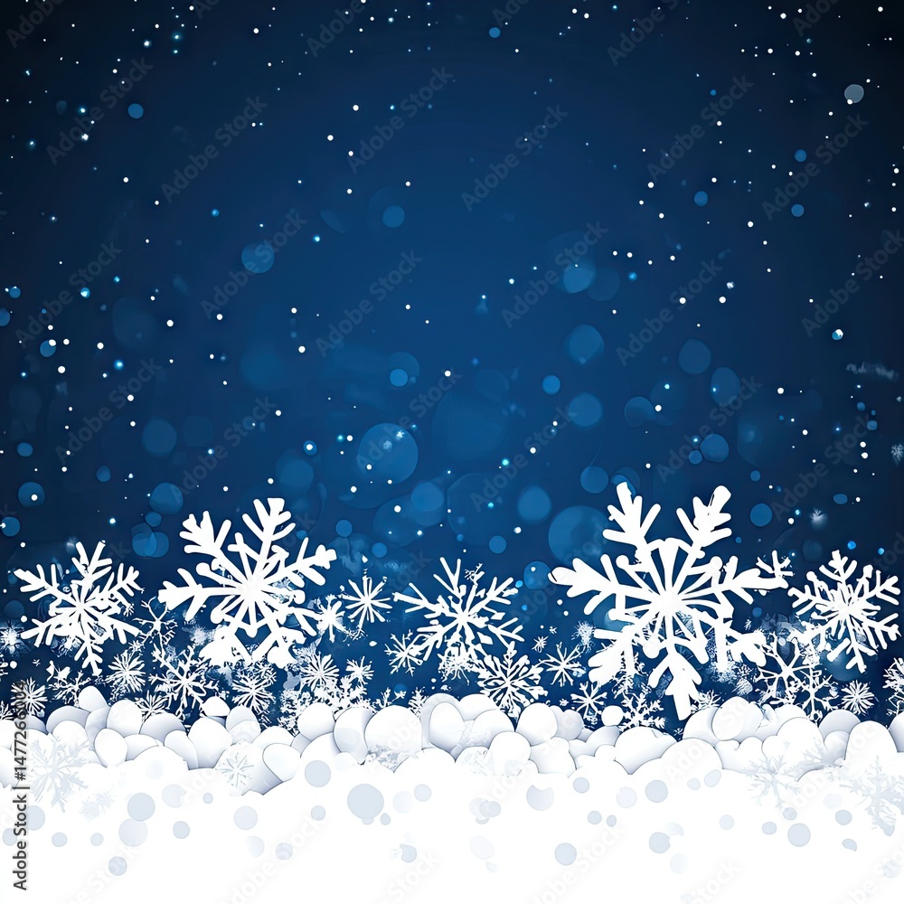 Poster a serene winter scene featuring shimmering snowflakes and soft blue bokeh lights. creating a magical