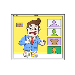 A quirky office worker facing hilarious challenges during remote Zoom meetings, featuring exaggerated reactions and everyday virtual work mishaps. This character series captures the humor of remote wo