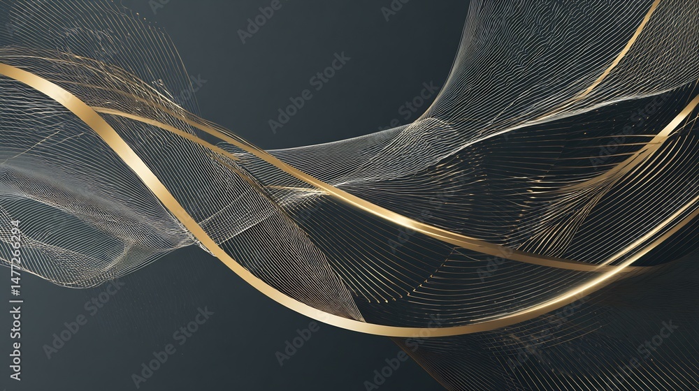 Poster elegant abstract wave pattern with shimmering golden lines on dark background