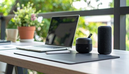 Fototapeta premium Modern Outdoor Workspace with Bluetooth Speaker and Desk Mat