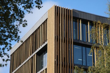 Fototapeta premium Modern building facade with vertical wooden slats, large windows, and surrounding greenery under a clear blue sky, sustainable building materials