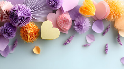 Obraz premium Colorful paper decorations in various shapes and sizes arranged on a light blue background, creating a vibrant and festive atmosphere for celebrations. Selective focus