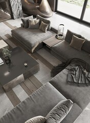 Beige home living room interior with sofa and coffee table with decoration, side view mock up copy space blank television display on wall. Smart tv in minimalist studio apartment. 3D rendering