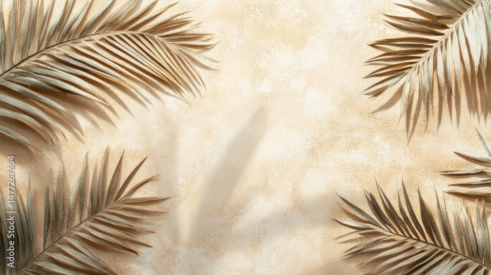Poster a serene background featuring soft. muted palm leaf silhouettes. creating a tranquil atmosphere perf