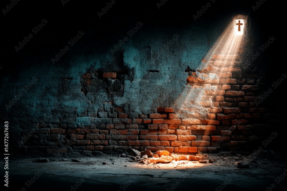 Poster light breaks through a cracked wall to illuminate a cross in a dark room, creating a poignant religi