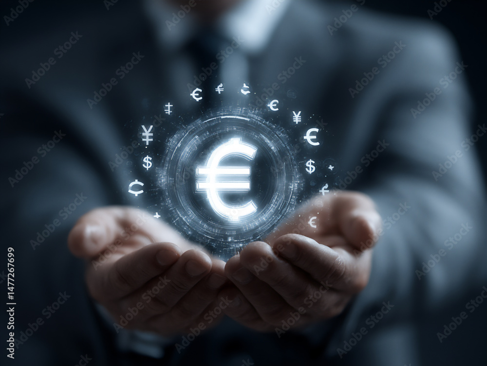 Poster abstract digital art depicting various currency symbols converging onto a central virtual payment in