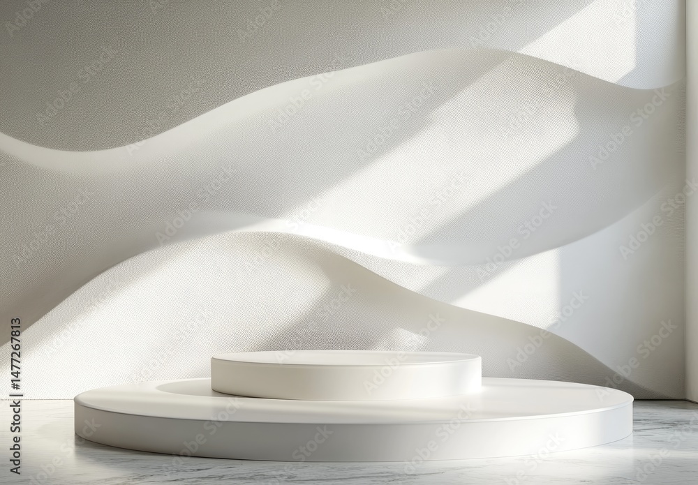 Poster a minimalist white backdrop featuring a smooth circular platform against flowing textured waves. ide