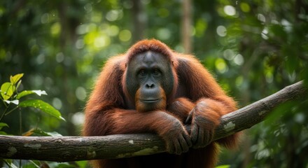 Orangutan resting on branch in lush forest
