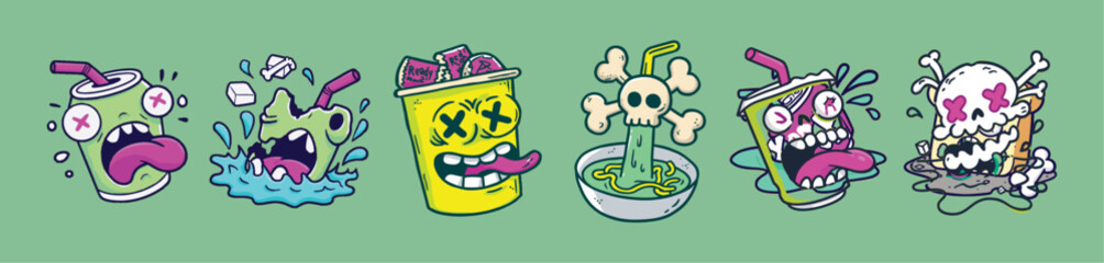 Toxic drink and instant food cartoon characters in graffiti 90s vector illustration perfect for sticker packs, junk culture satire, or energy drink parody merch