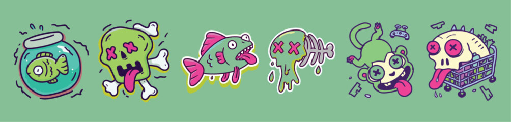 Dead fish and absurd skull characters in graffiti cartoon vector illustration perfect for sticker packs, streetwear, or environmental dark humor graphics