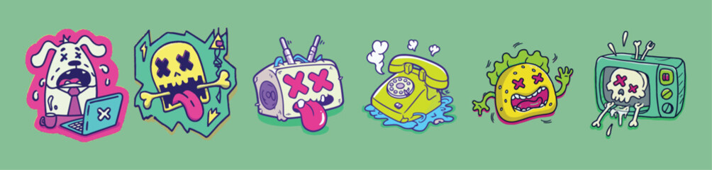 Burnt-out tech and office relics in absurd graffiti cartoon vector illustration perfect for sticker packs, anti-corporate memes, or retro burnout merch
