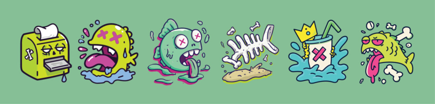 Naklejki Fast food apocalypse in absurd graffiti cartoon vector illustration perfect for sticker packs, junk food rebellion art, or urban snackwear collections
