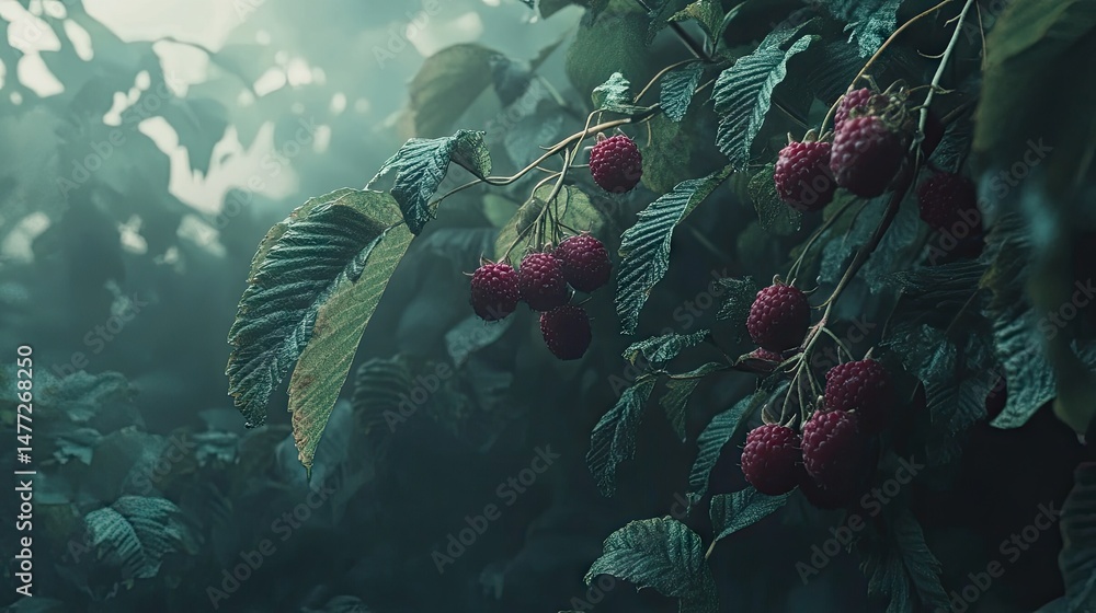 Aufkleber a close-up view of fresh raspberries hanging from lush green leaves. illuminated by soft light. crea