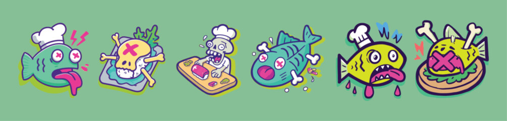 Absurd microwave food monsters in graffiti cartoon vector illustration perfect for sticker packs, anti-fast-food campaigns, or culinary rebellion graphics