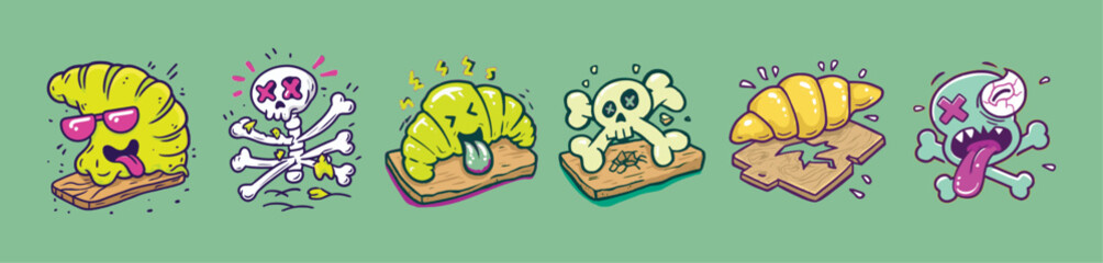 Rotten bakery and skeleton bread mashups in graffiti cartoon vector illustration perfect for sticker packs, food parody zines, or surreal cafe merch