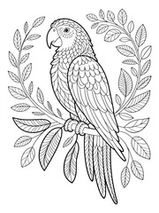 Obraz premium Parrot in Floral Wreath: An intricate line art illustration of a parrot perched on a branch, elegantly encircled by a detailed floral wreath. 