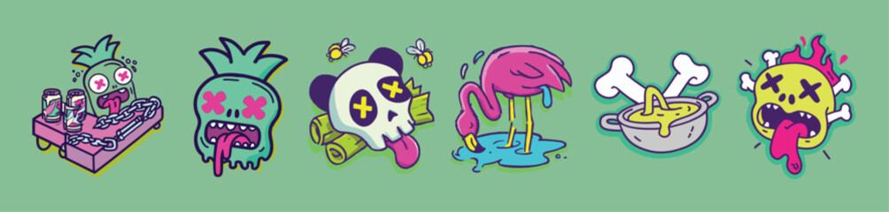 Graffiti cartoon pineapples, skulls, and flamingos in dripping 90s vector illustration perfect for alternative tropical merchandise and parody branding