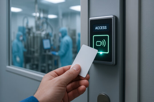 Access control card being used to enter vaccine production facility with workers in protective suits visible inside cleanroom environment