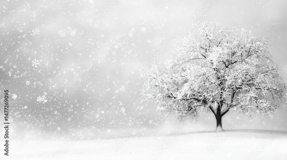 Poster solitary tree covered in snow standing in a field with falling snowflakes in monochrome style