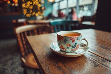 Warm cup of tea on a rustic table inside a cozy cafe with festive decor during afternoon