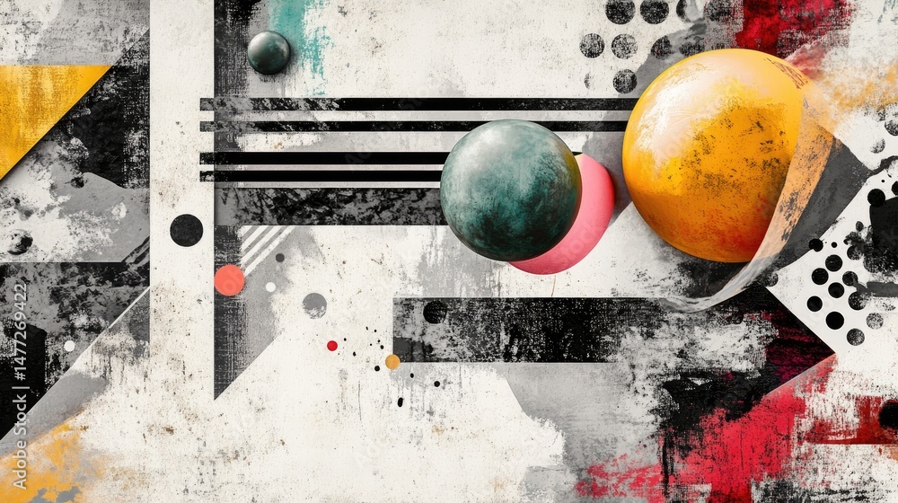 Poster abstract geometric design featuring large golden spheres and intricate black patterns on a textured 