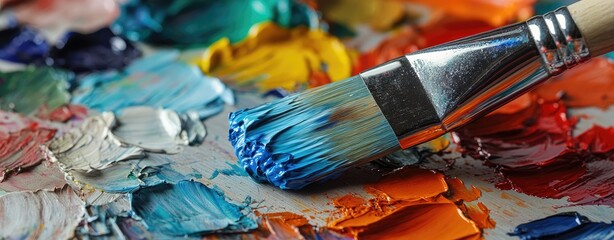 Obraz premium A close-up view of a painter's palette showcasing vibrant colors with a brush resting on the paint. creating an artistic atmosphere ideal for creative projects